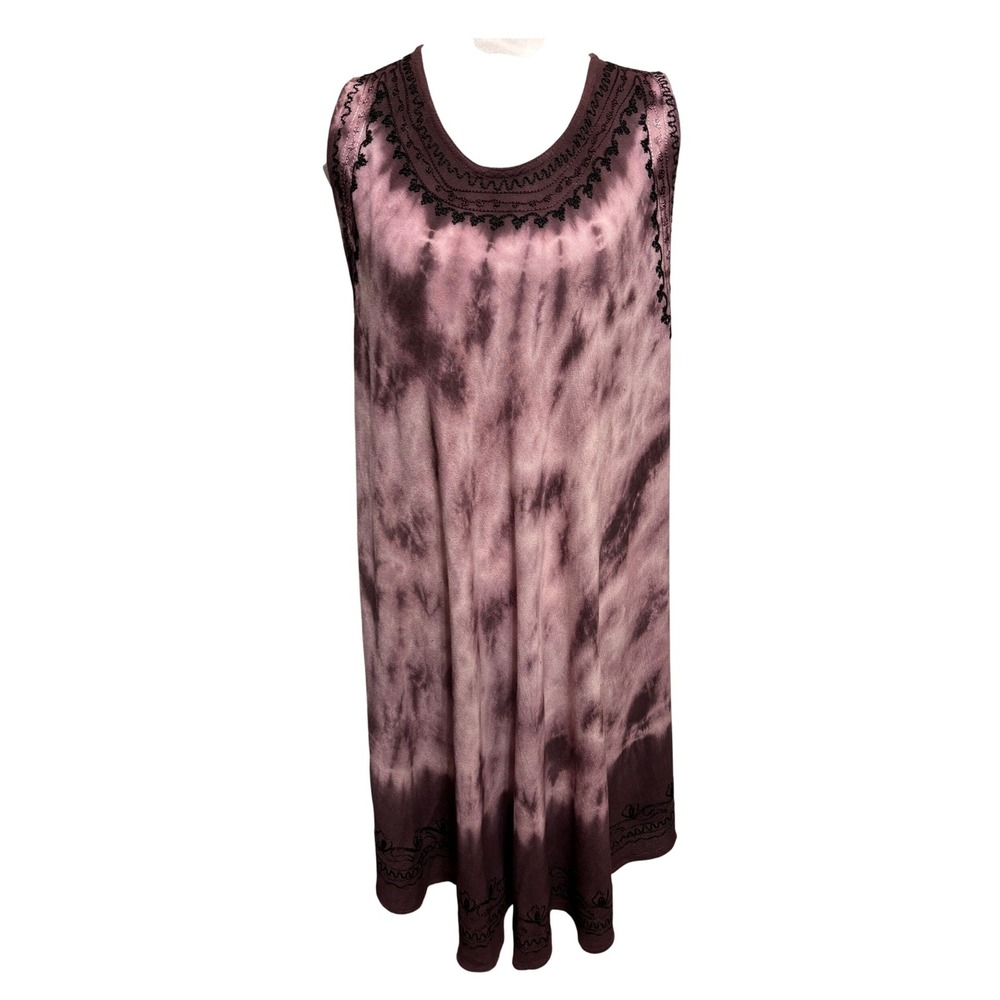 Tie Dye Midi Dress Cover-Up Womens OSFM Purple Embroidered Boho Hippie Festival